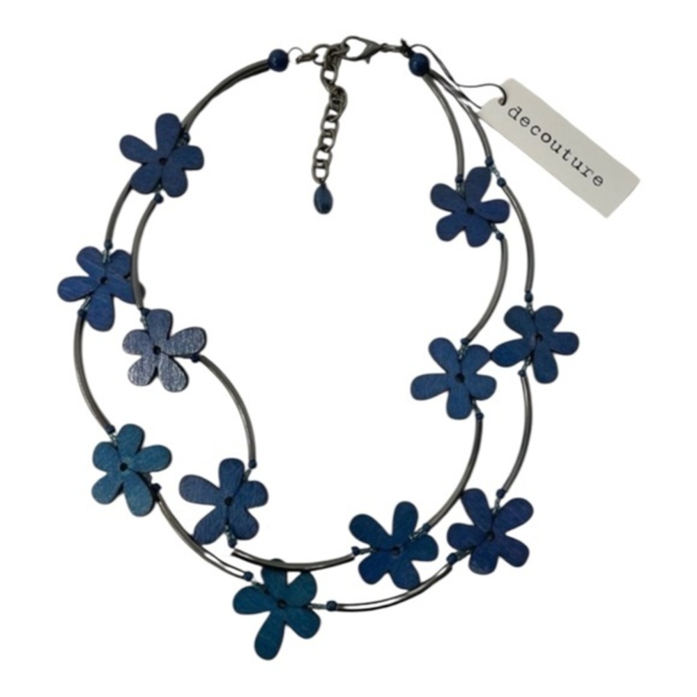 Decouture Fair Trade Handmade Blue Flower Painted Wood Bead Necklace